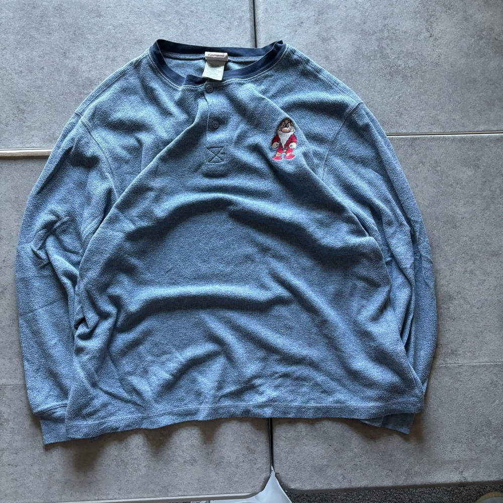 Vintage blue waffle knit grumpy dwarf embroidered long sleeve shirt - Picture 1 of 4